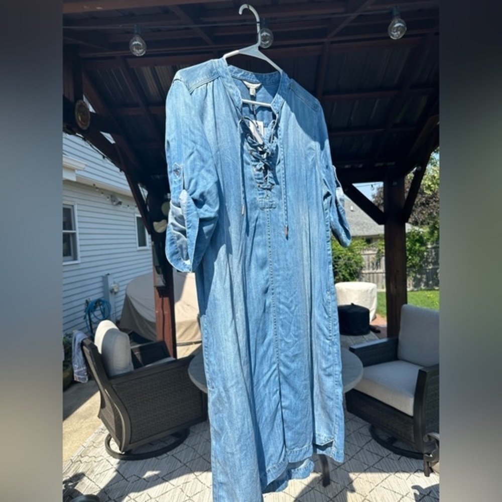 Calvin Klein Brand Short Sleeved Jean Dress with Lace Up Detail Size Large - Picture 5 of 7